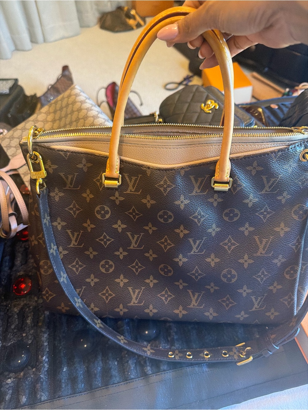 Louis Vuitton Brown Monogram Canvas Satchel with Tan Leather Handles